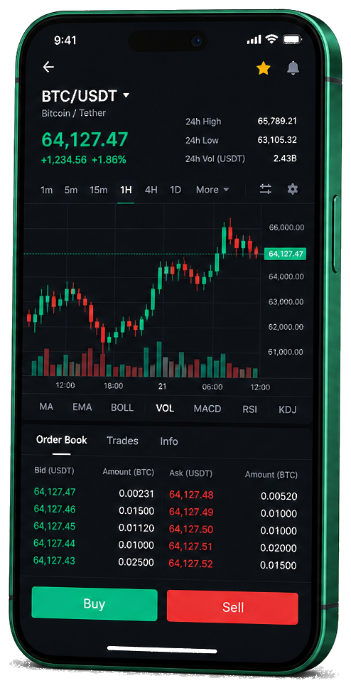 Interfaz de trading Stake Lispro 0.7 en móvil — gráfico BTC/USDT en vivo, libro de órdenes y panel para comprar o vender